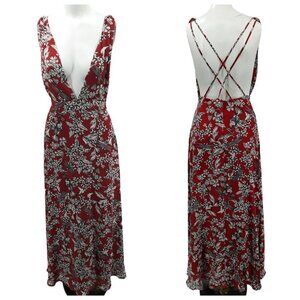 Lulus More Flower To Ya Rust Deep V Neck Open Spaghetti Strap Back Maxi Dress S